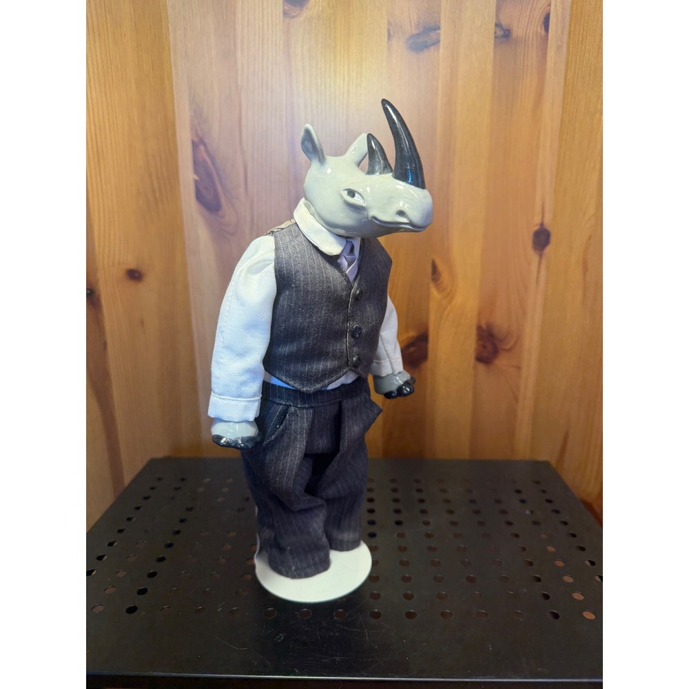 Anthropomorphic Rhinoceros Figurine in Pinstripe Suit 10 Inch Animal Art Statue